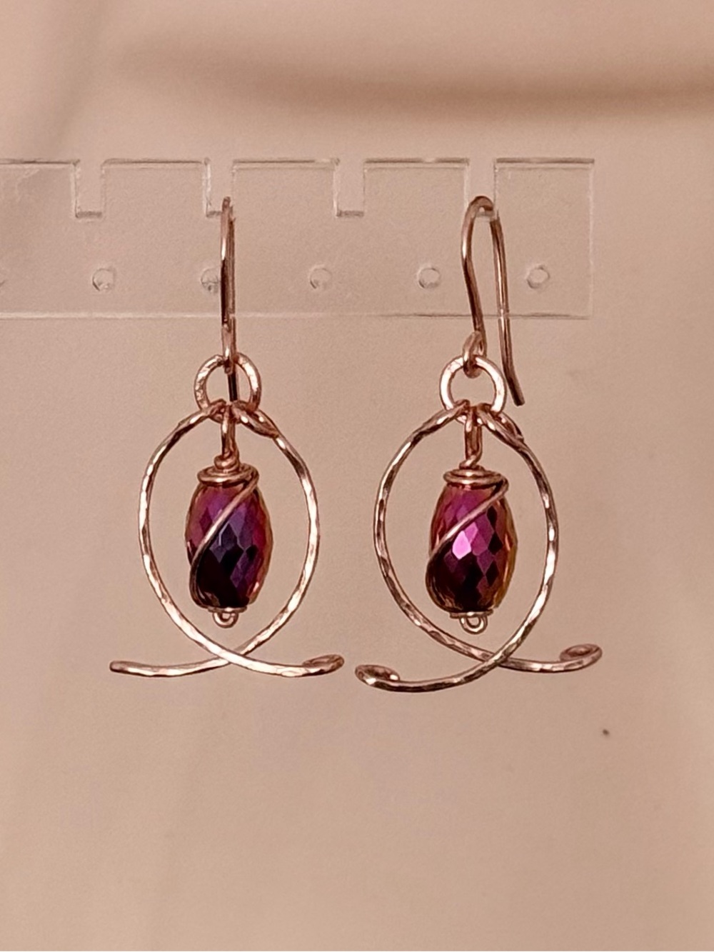 Rose Gold Open Marquis Frame Earrings with Purple-Pink AB Beads Accents